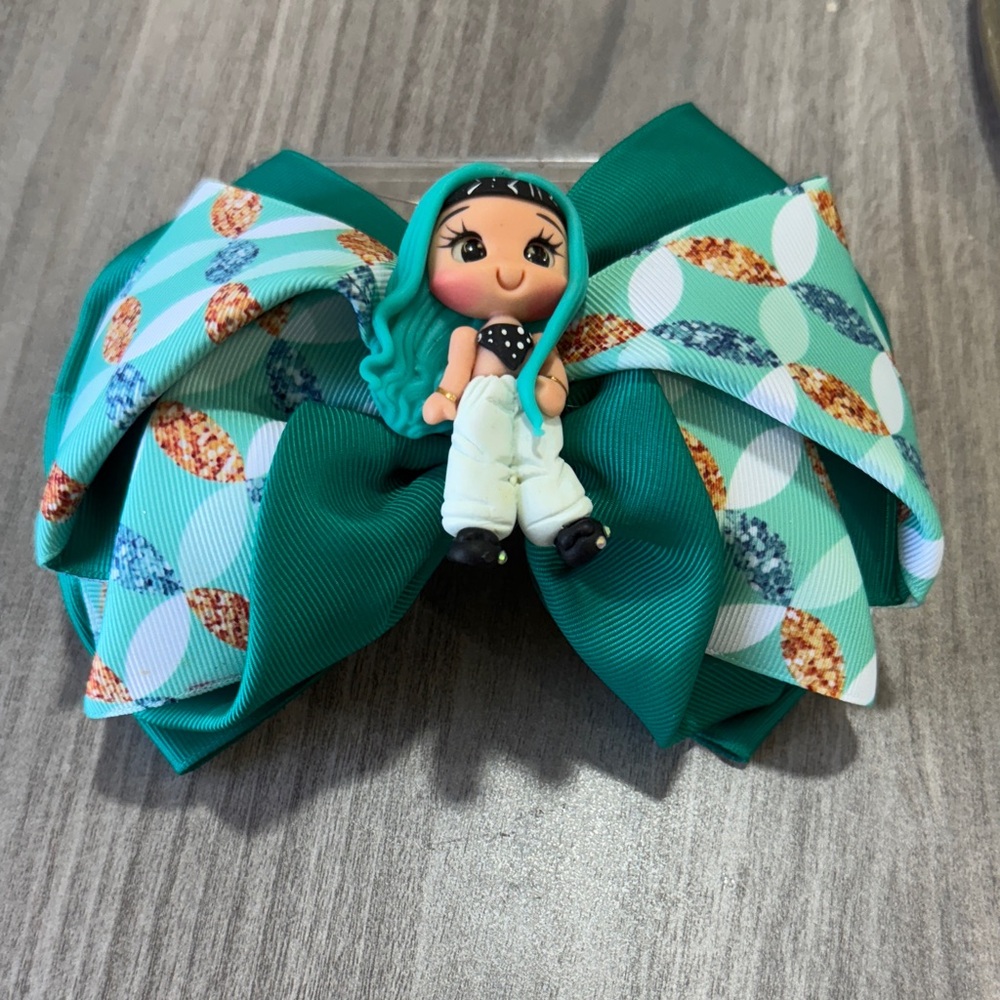 Charming Teal and Patterned Hair Bow with Doll Accent